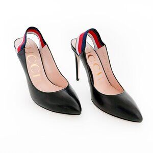 Gucci Sylvie Web Stripe Slingback Pumps EU 37 US 7 Black Pointed Toe High Heels